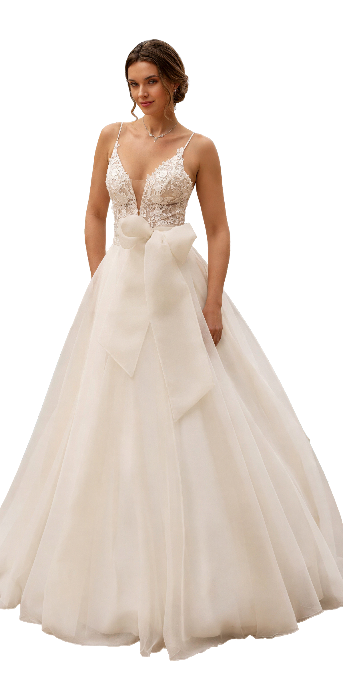 Robe de mariée au corsage en dentelle et à la jupe ample, nouée à la taille